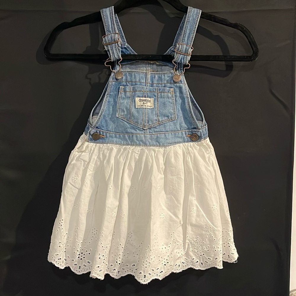 Oshkosh b’gosh toddlers 5t denim and lace overalls jumper dress like new - Picture 1 of 12